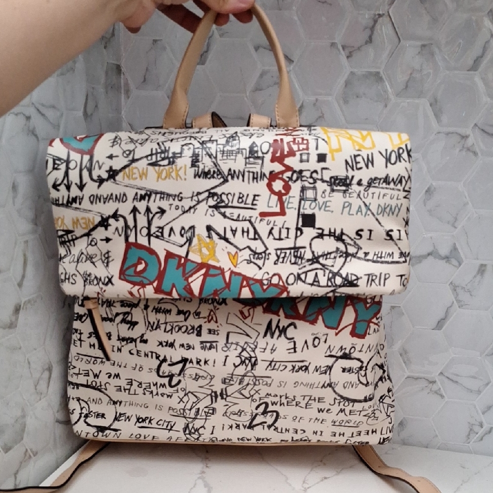 DKNY White and Tan Graffiti Women's Backpack